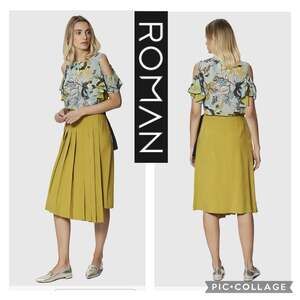 Roman Olive Pleated Wrap Midi High Waisted Skirt with side tie size 8